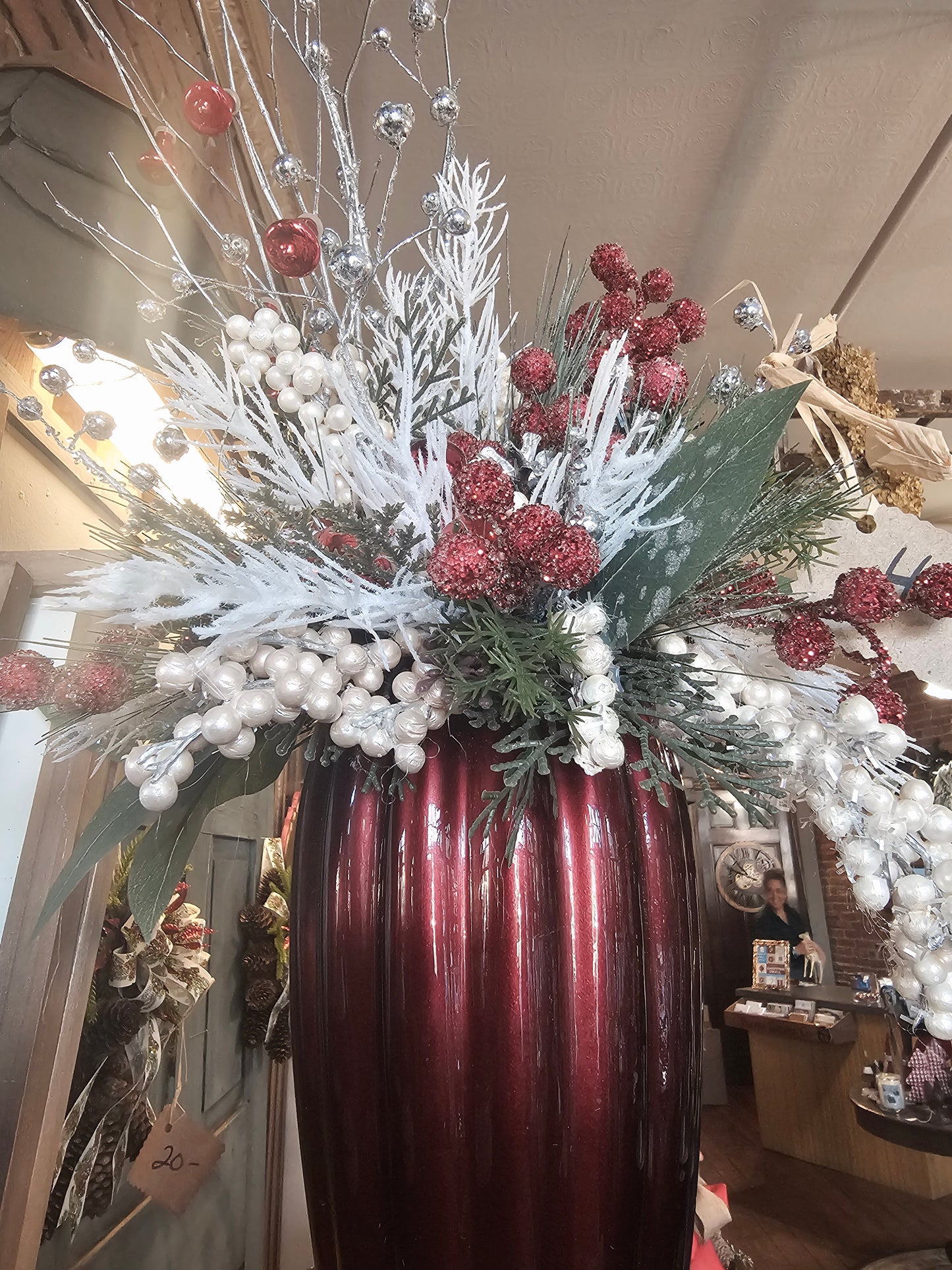 Elegant Holiday Floral Arrangement in Glossy Red Vase