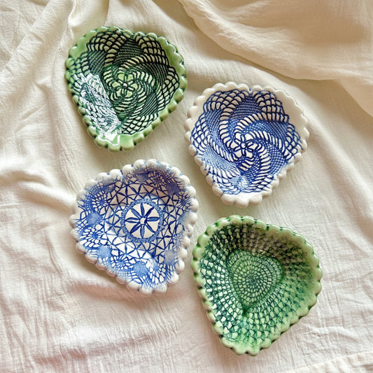 Handmade Heart Ceramic Trinket Dish Lace & Fabric Imprint Jewelry Dish