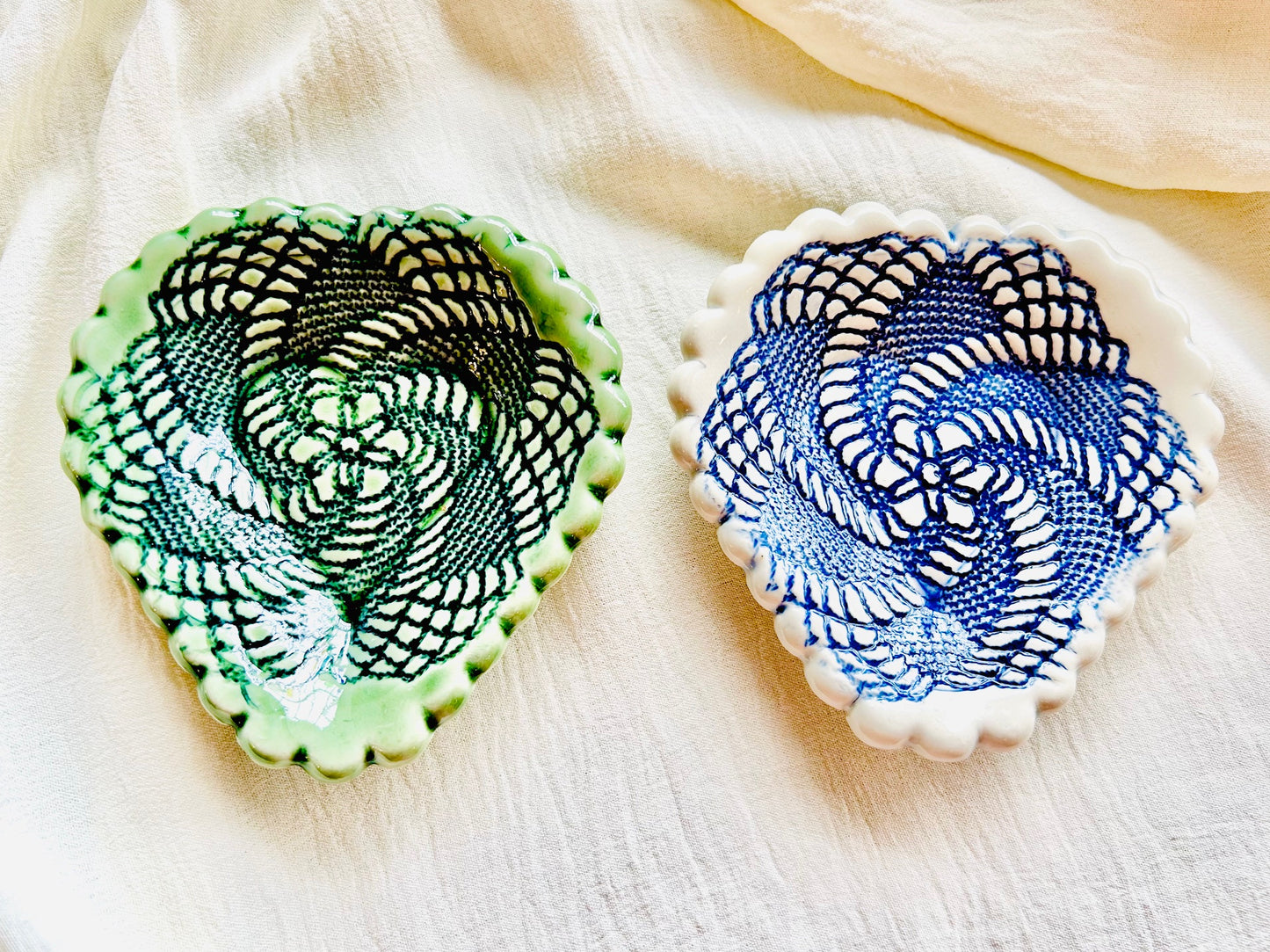 Handmade Heart Ceramic Trinket Dish Lace & Fabric Imprint Jewelry Dish