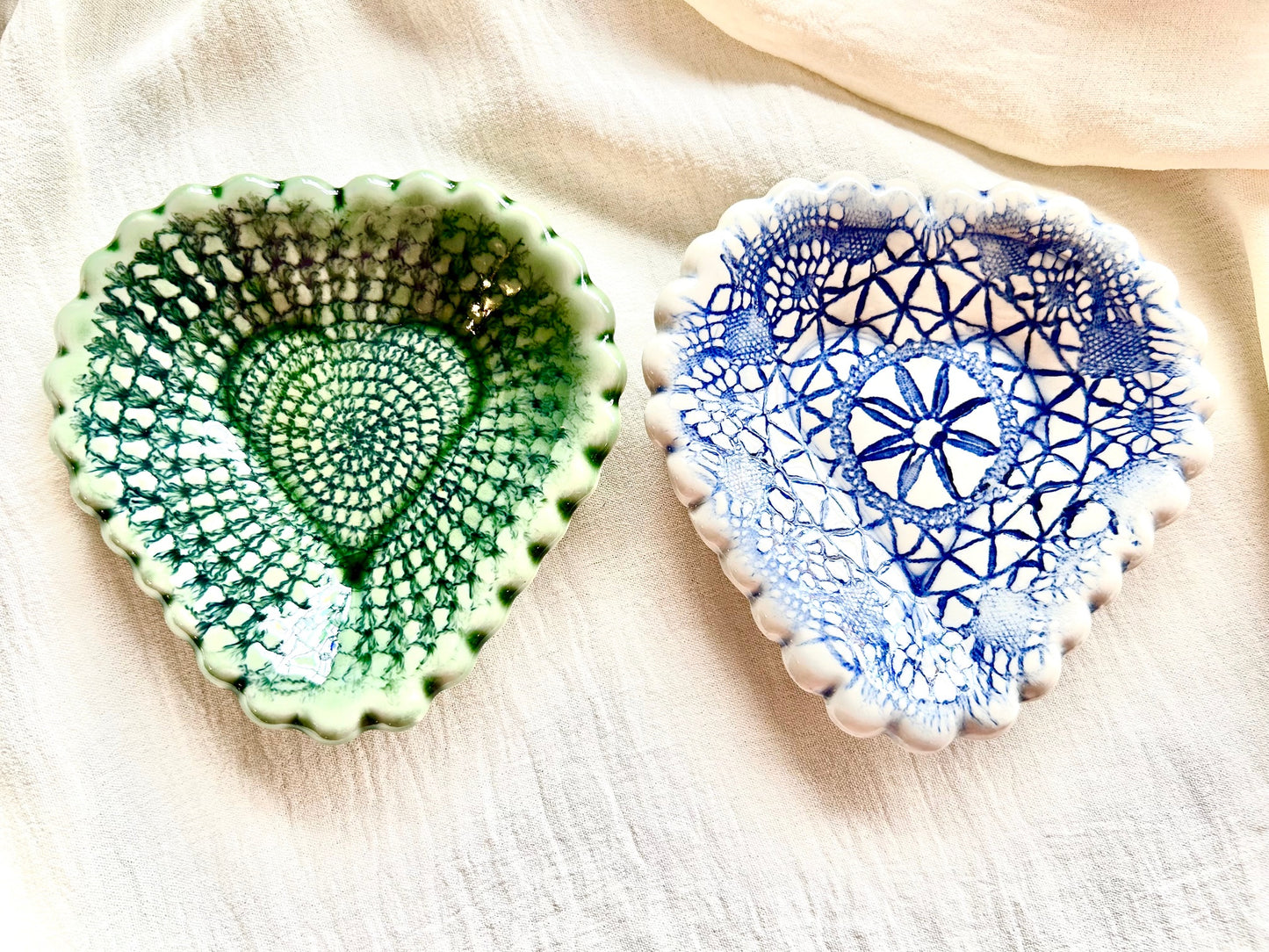 Handmade Heart Ceramic Trinket Dish Lace & Fabric Imprint Jewelry Dish