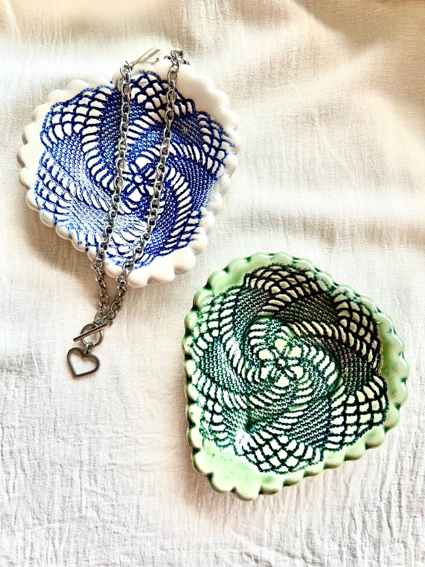 Handmade Heart Ceramic Trinket Dish Lace & Fabric Imprint Jewelry Dish