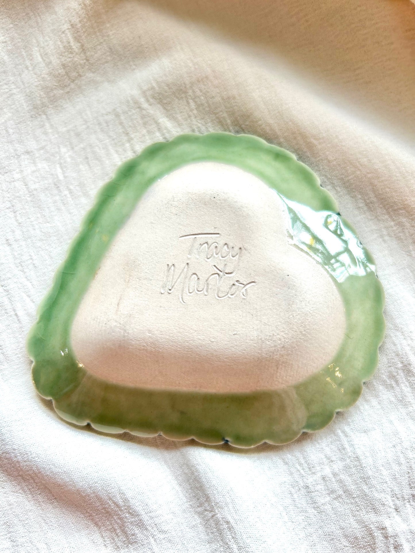 Handmade Heart Ceramic Trinket Dish Lace & Fabric Imprint Jewelry Dish