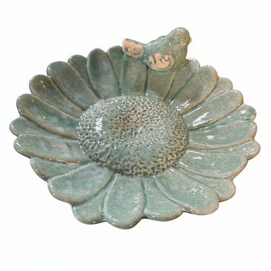 Aqua Flower Bird Trinket Dish