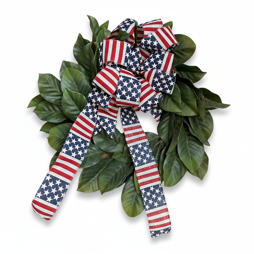 Lemon Laurel - Silk Flower Wreath American Flag Ribbon