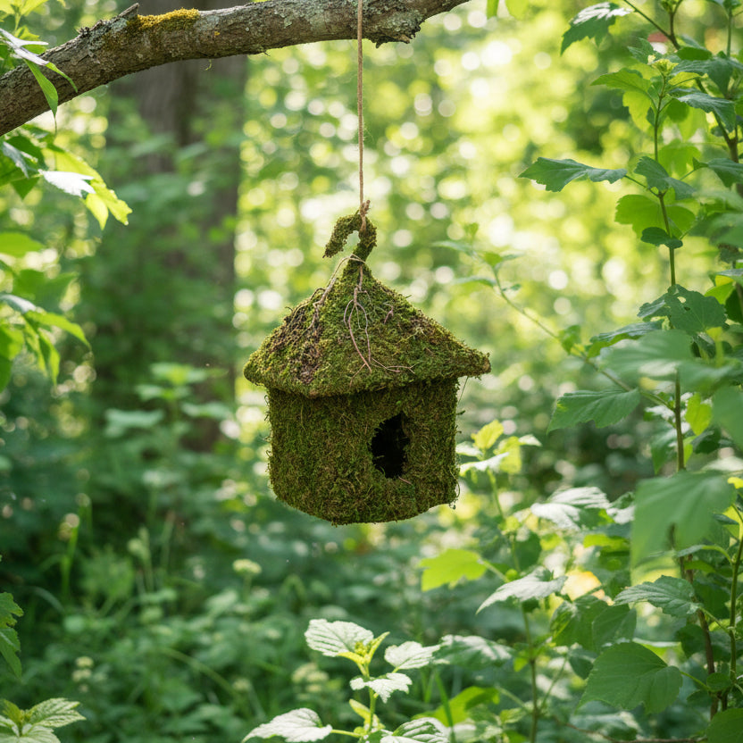 Rustic Woven Twig and Moss Birdhouse - Medium Square