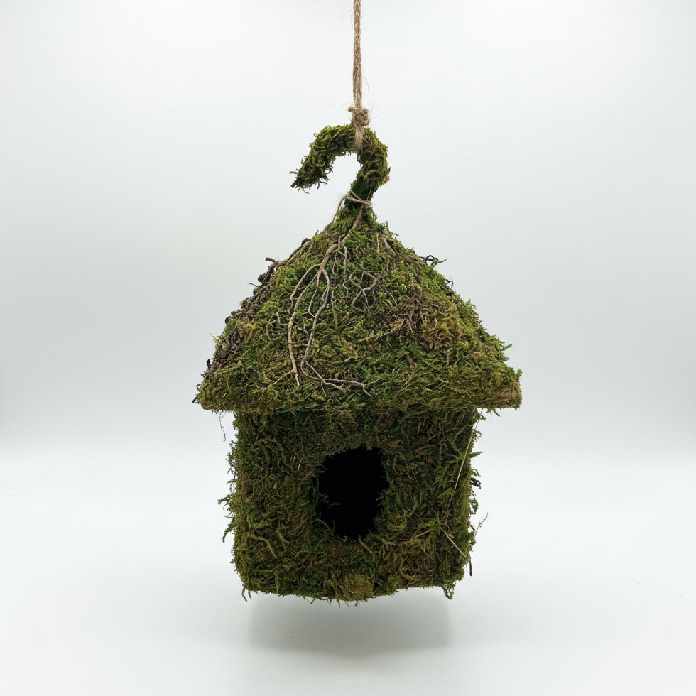 Rustic Woven Twig and Moss Birdhouse - Medium Square