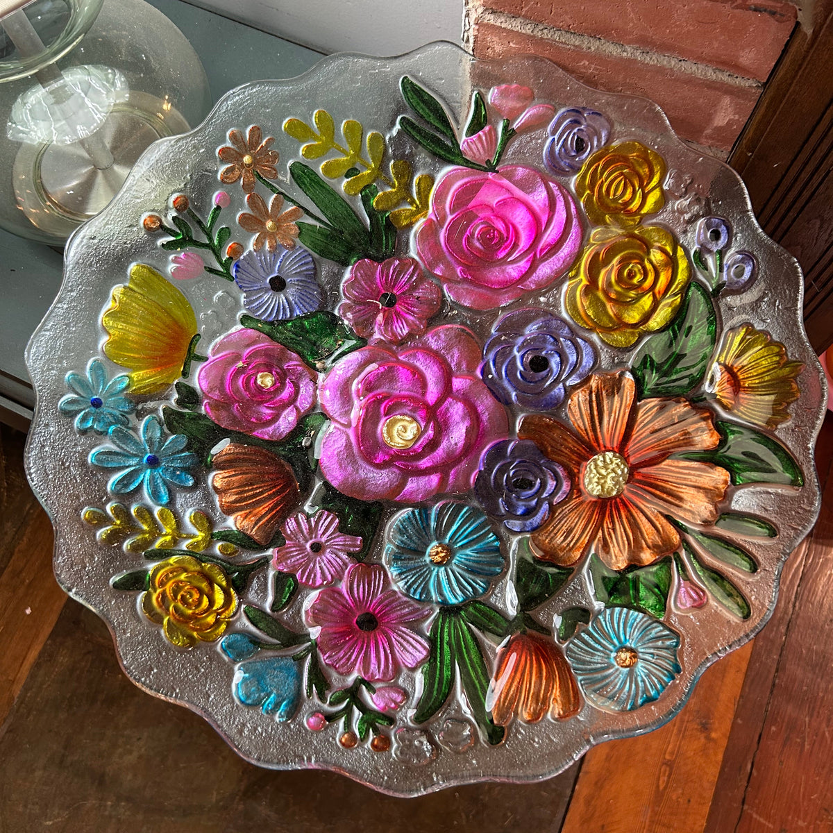 Decorative Glass Bowl Bird Bath with Metal Stand