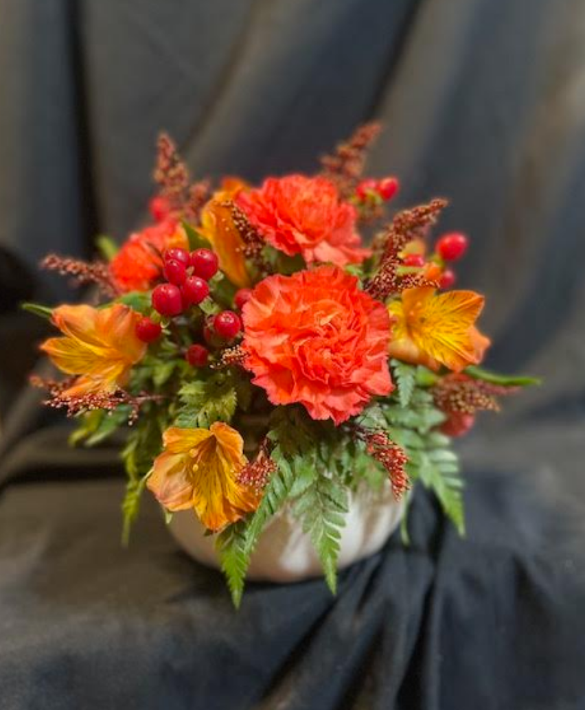 Ceramic Pumpkin with Fresh Seasonal Flowers