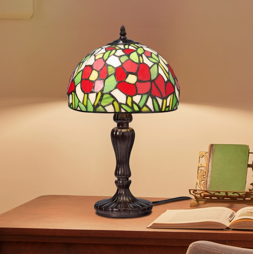 17"H Genevieve Red Pansy Floral Stained Glass Table Lamp
