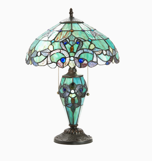20" Double-Lit Sea glass Magna Carta Stained Glass Table Lamp with Cabochons
