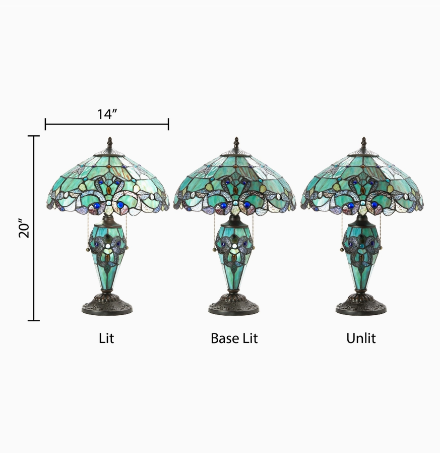 20" Double-Lit Sea glass Magna Carta Stained Glass Table Lamp with Cabochons