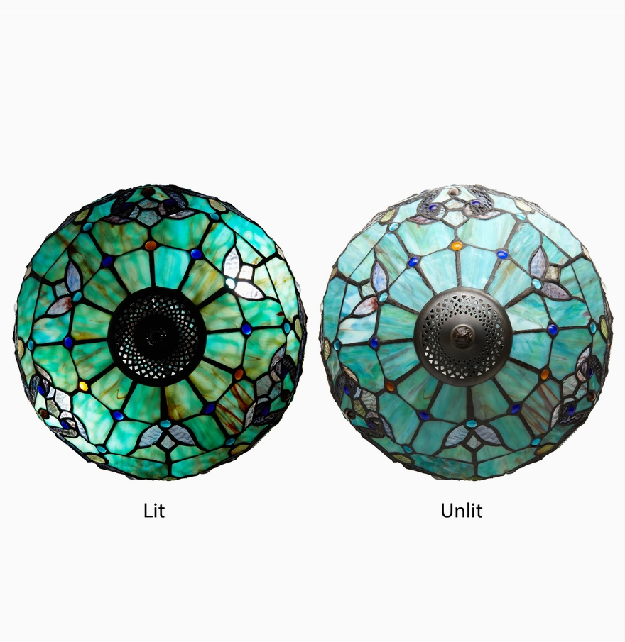 20" Double-Lit Sea glass Magna Carta Stained Glass Table Lamp with Cabochons