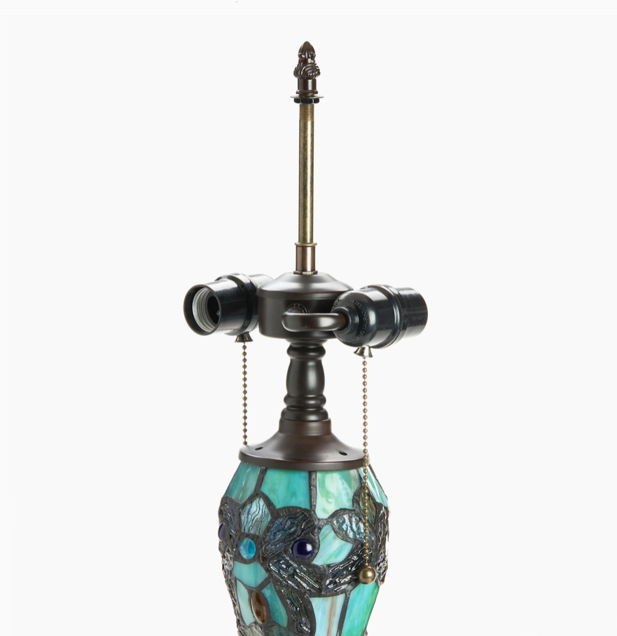 20" Double-Lit Sea glass Magna Carta Stained Glass Table Lamp with Cabochons