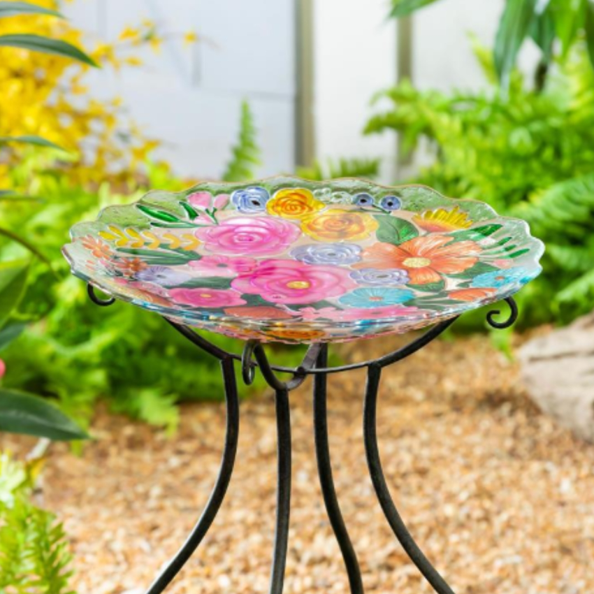 Decorative Glass Bowl Bird Bath with Metal Stand