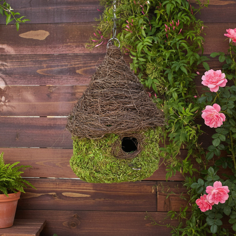 Rustic Woven Twig and Moss Birdhouse - Large